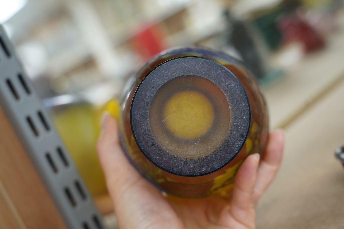 A Gallé blue globular vase with yellow ground, 15cm high. Condition - fair to good, some surface scratches and scratches to base